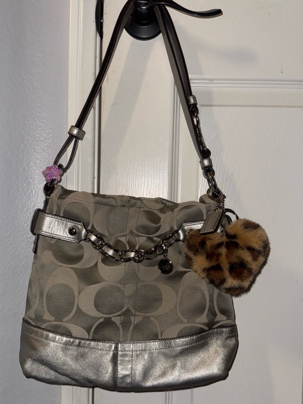 Coach Taupe Signature Shoulder Bag with Silver Trim and Leopard Heart Charm